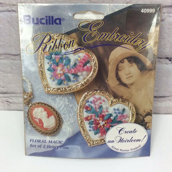 Bucilla Ribbon Embroidery Kit Floral Magic Heart Pins Set of 2 Crafts Hobbie NIP - Picture 1 of 5